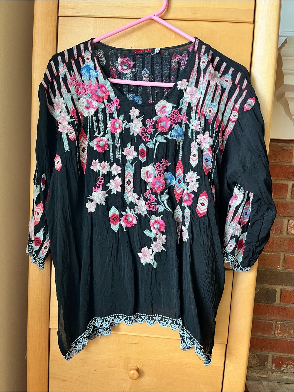 Johnny Was Black Embroidered Floral Boho Tunic